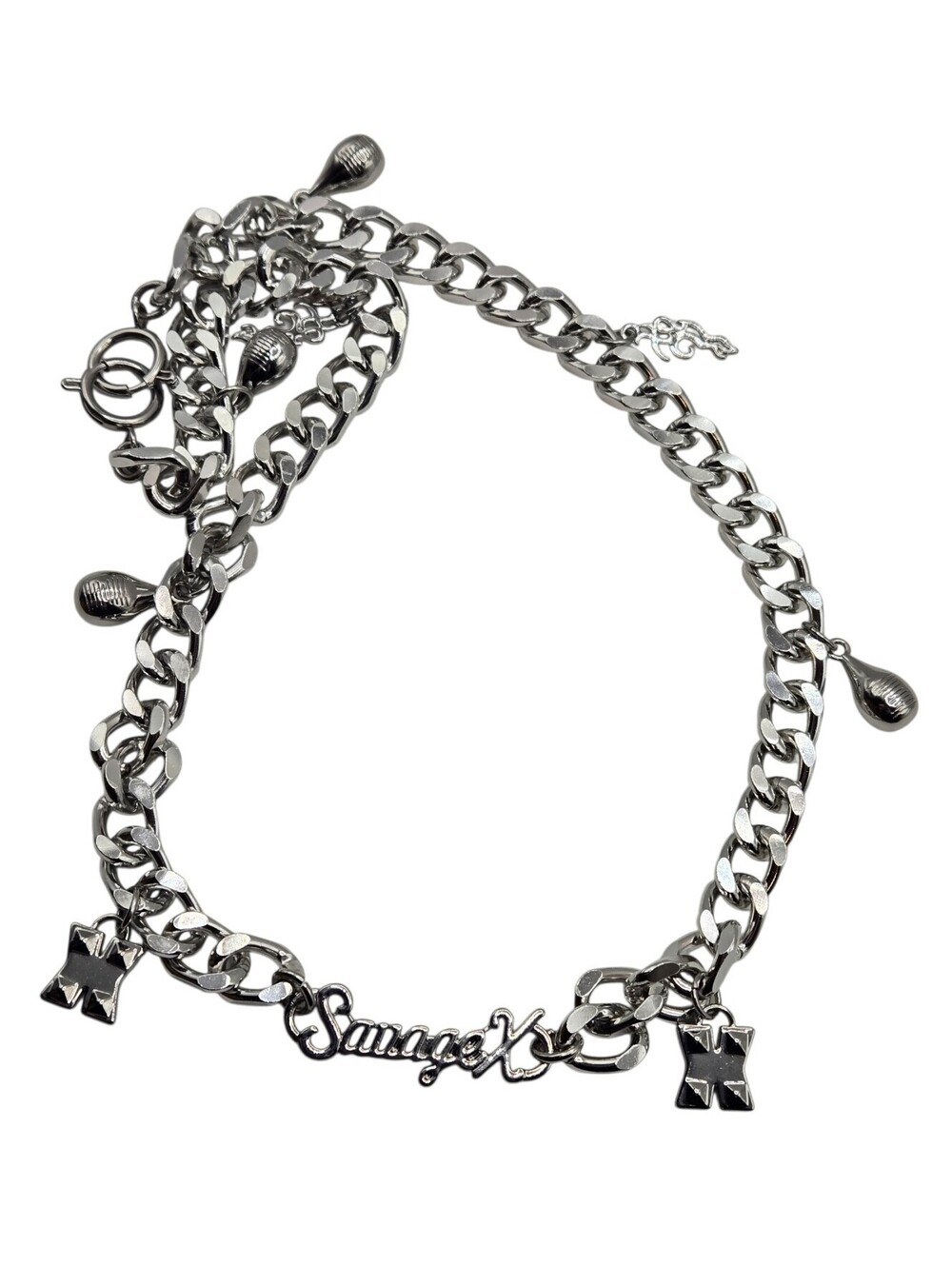 Savage X Fenty Rihanna Silver Tone Script Nameplate Curb Cuban Link Chain